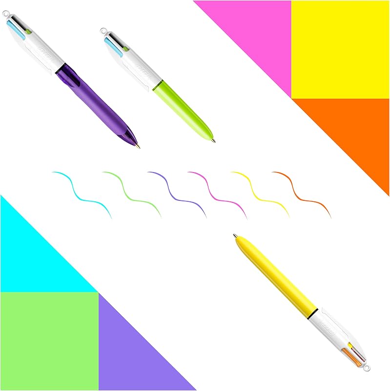 4 Couleurs - Stylo-Billes Rétractables - Pointe Moyenne (1 mm) – Coloris Assortis, Pot de 6 stylos