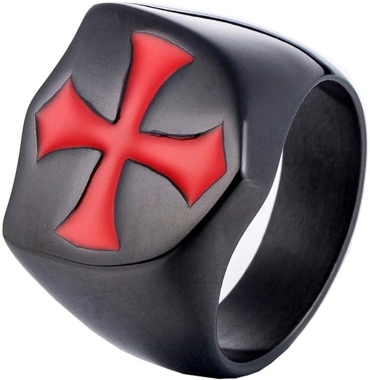 ZMYMens Fashion Titanium Jewelry Black 316L Stainless Steel Rings For Men The Knights Templar Red Cross Ring (7)