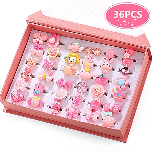 PinkSheep Little Girl Jewel Rings in Box, Adjustable, No duplication, Girl Pretend Play and Dress Up Rings (36 Pink Ring)