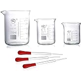 Rngeo Glass Beakers, Pack of 6 Low Form Measuring & Droppers Set, 3 Graduated Griffin Beakers in 3 Sizes with Scales, 250ml, 