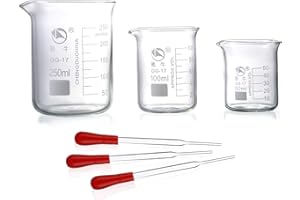 Rngeo Glass Beakers, Pack of 6 Low Form Measuring & Droppers Set, 3 Graduated Griffin Beakers in 3 Sizes with Scales, 250ml, 