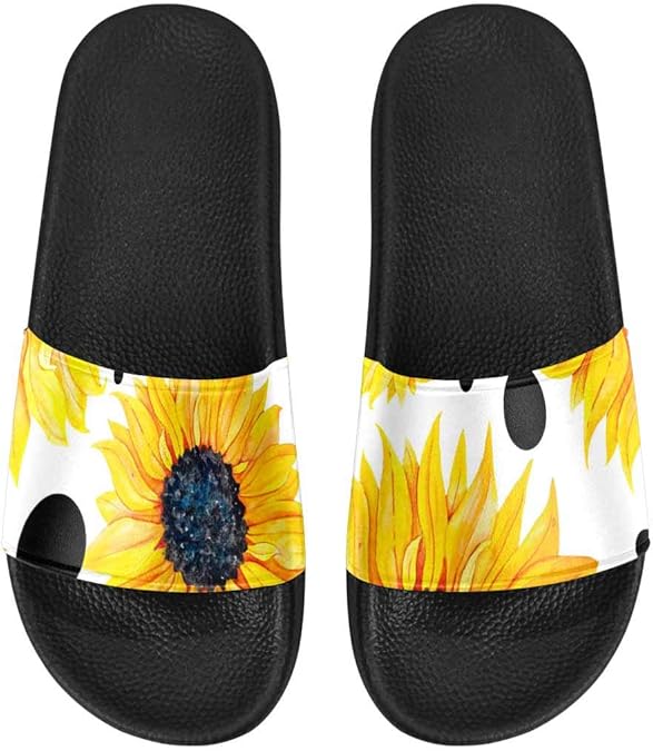 Amazon.com | InterestPrint Women's Indoor Summer Slide Sandals Yellow Sunflowers on a White | Slides