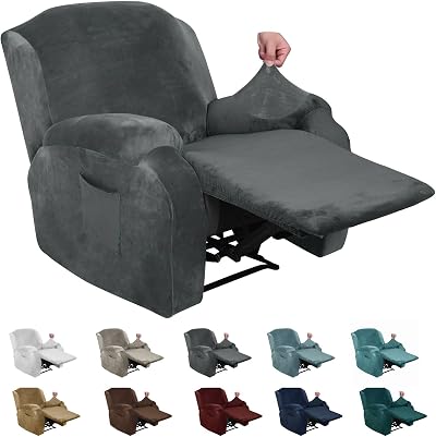 XINEAGE Velvet Recliner Slipcover 4pc with Side Pocket Grey