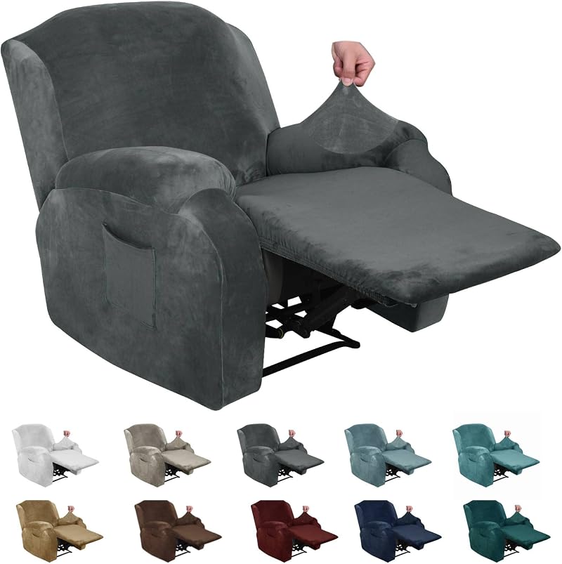 XINEAGE Velvet Recliner Slipcover 4pc with Side Pocket Grey