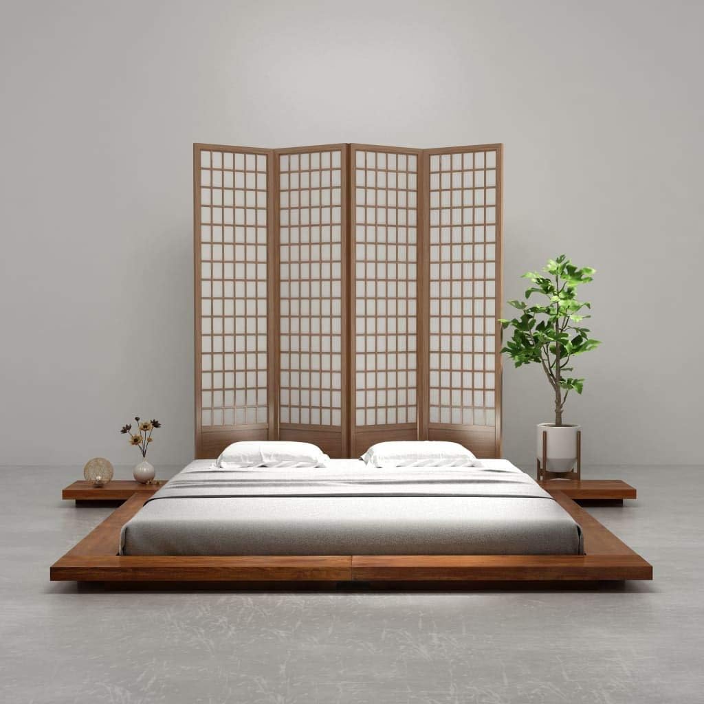 Fesjoy Futon Bed Frame Double Bed Solid Wood Frame Fits 180 x 200cm Mattress Japanese Style for Home Hotel Queen King Size
