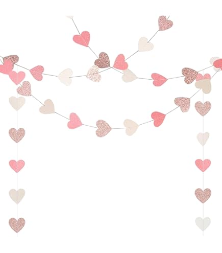 Rose Gold Pink Heart Garland Banner - 4 Pack 52 Feet Party Decorations For Weddings & Showers