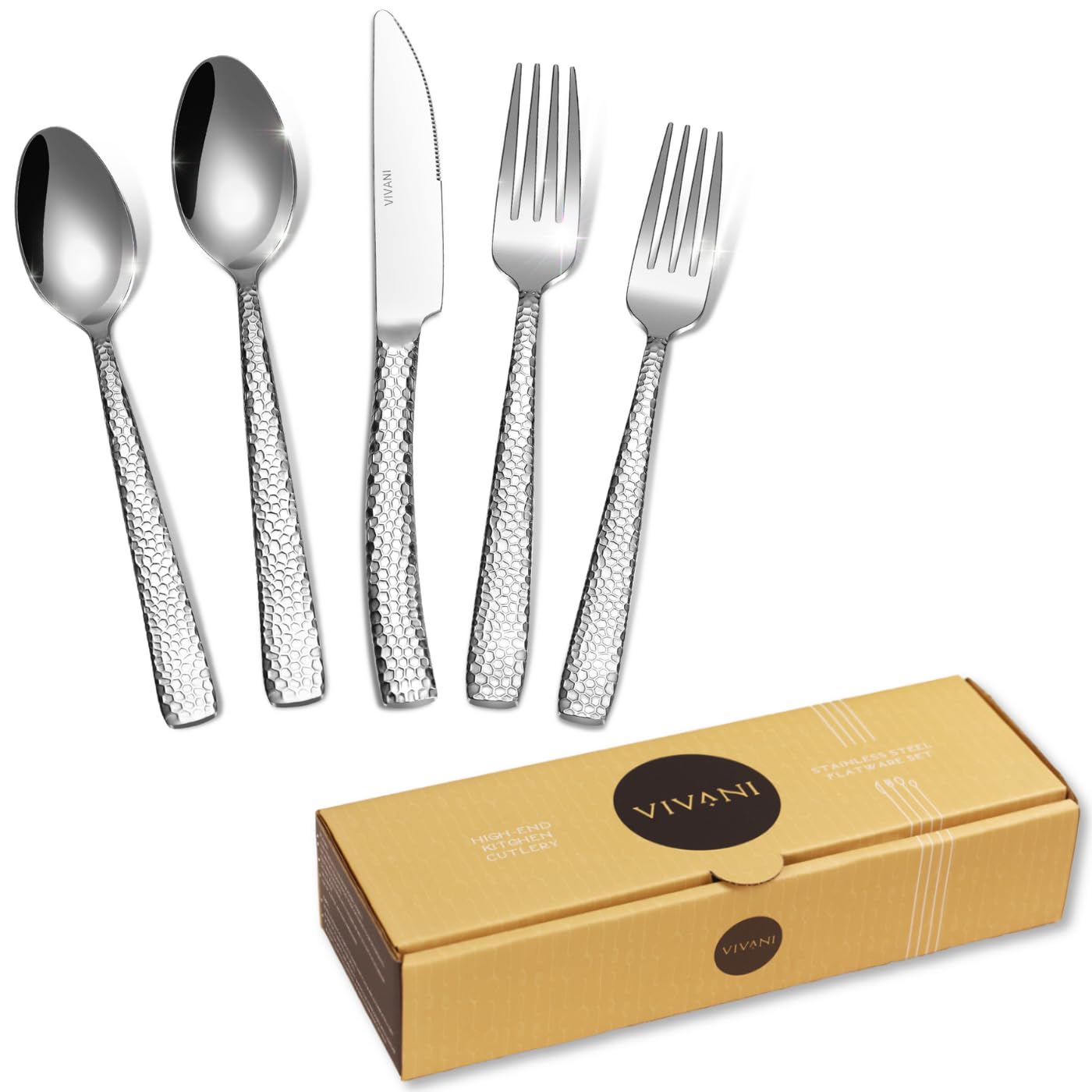 VIVANI 20-Piece Hammered Silverware Set, Stainless Steel Flatware Set for 4, Heavy Cutlery Set Including Forks Spoons and Knives Set for Home, Restaurant, Dishwasher Safe, New Home Gift