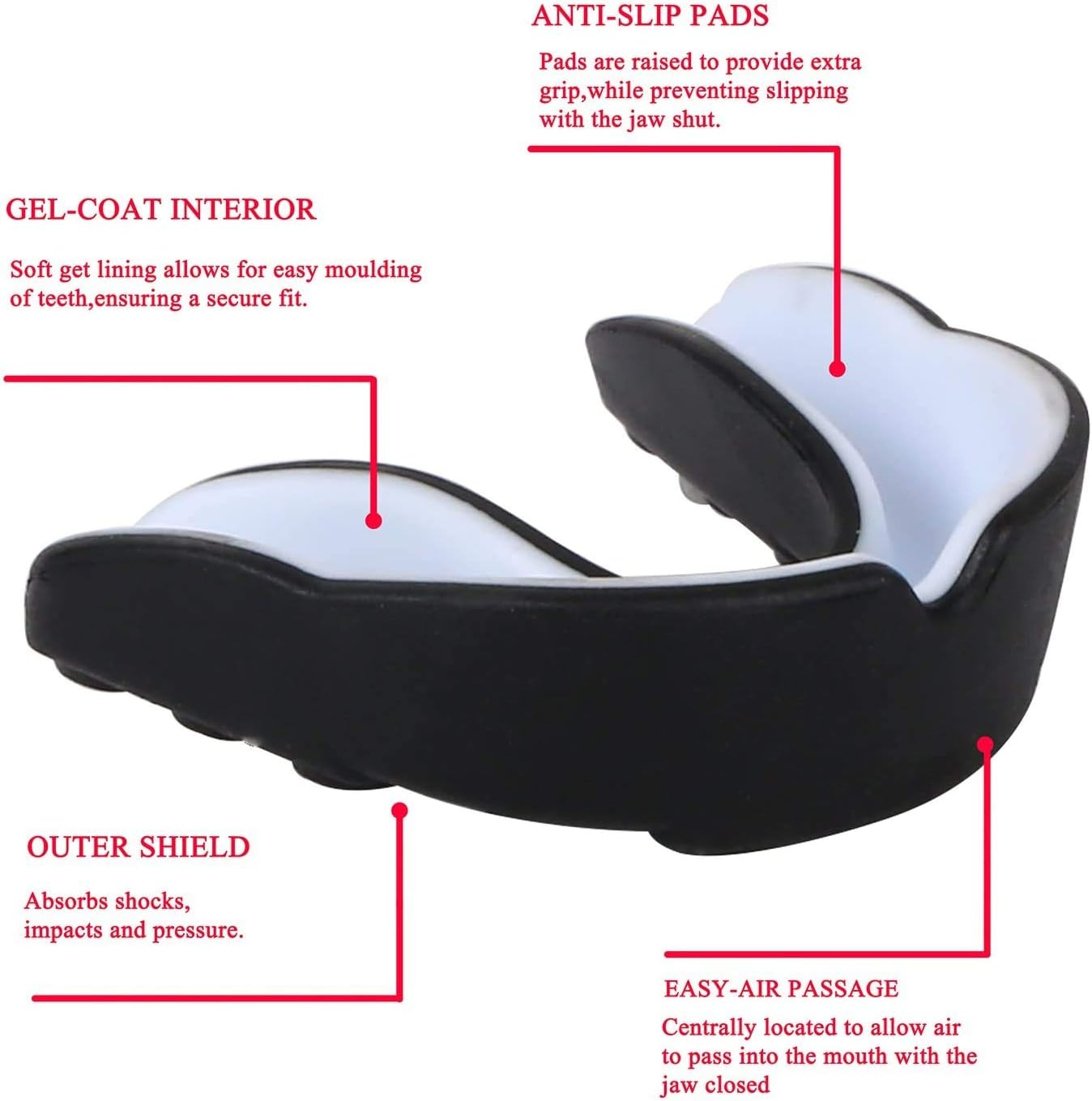 Mouth guard sports Adult moldable braces gel protective teeth|Gum Shield mouthguards for training, sparring, boxing, mma, kickboxing, basketball, hockey, lacrosse, mixed martial arts, muay thai (Black/White) : Sports & Outdoors