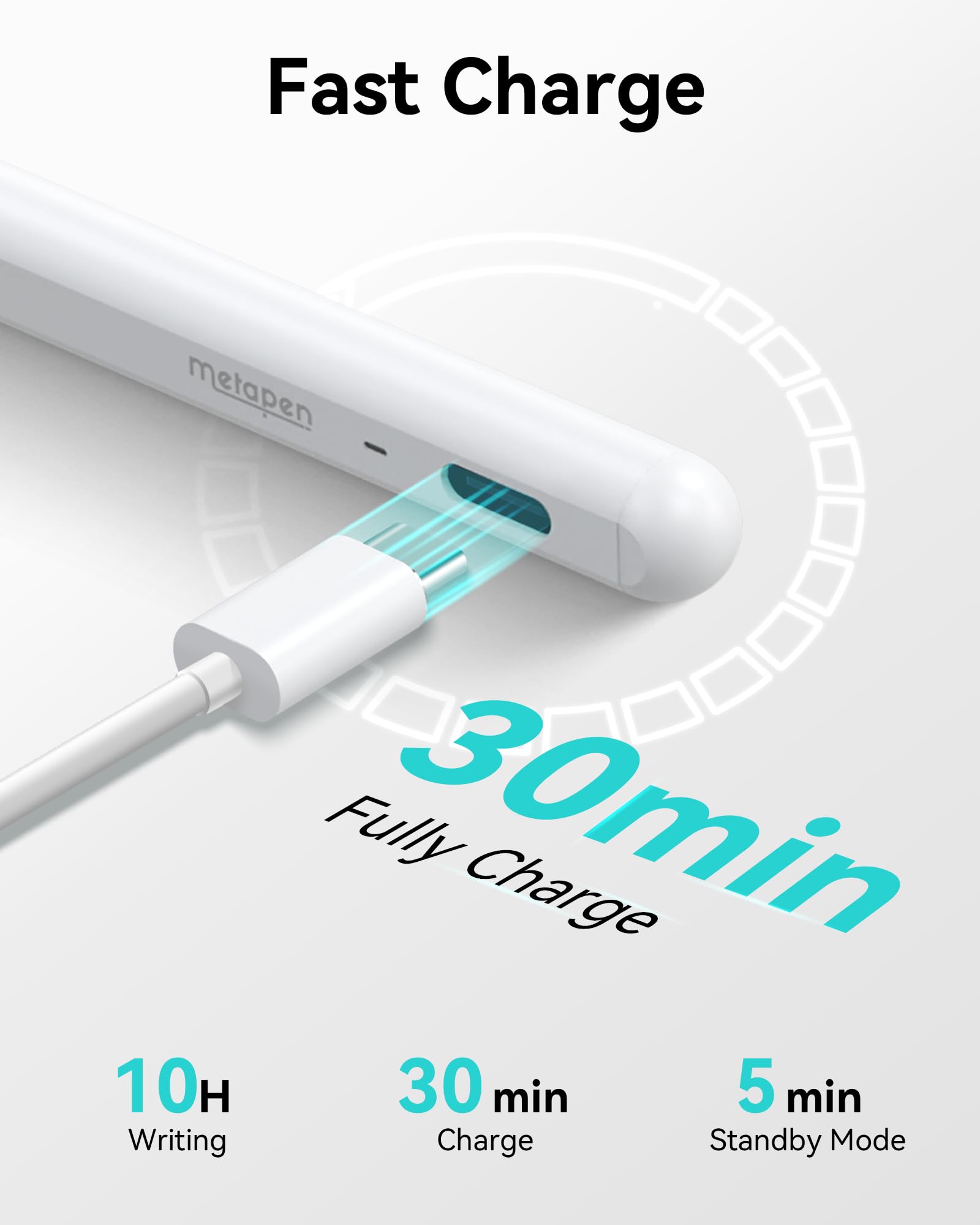 Metapen Pencil A11 for iPad 6th-11th, Quick Button & Bluetooth, 2X Fast Charge Stylus Pen for 2018-2025 Apple iPad a16/11/10/9/8/7/6th Gen, Pro 12.9/11/13-inch M4, Air3/4/5/M2/M3, Mini 5/6th