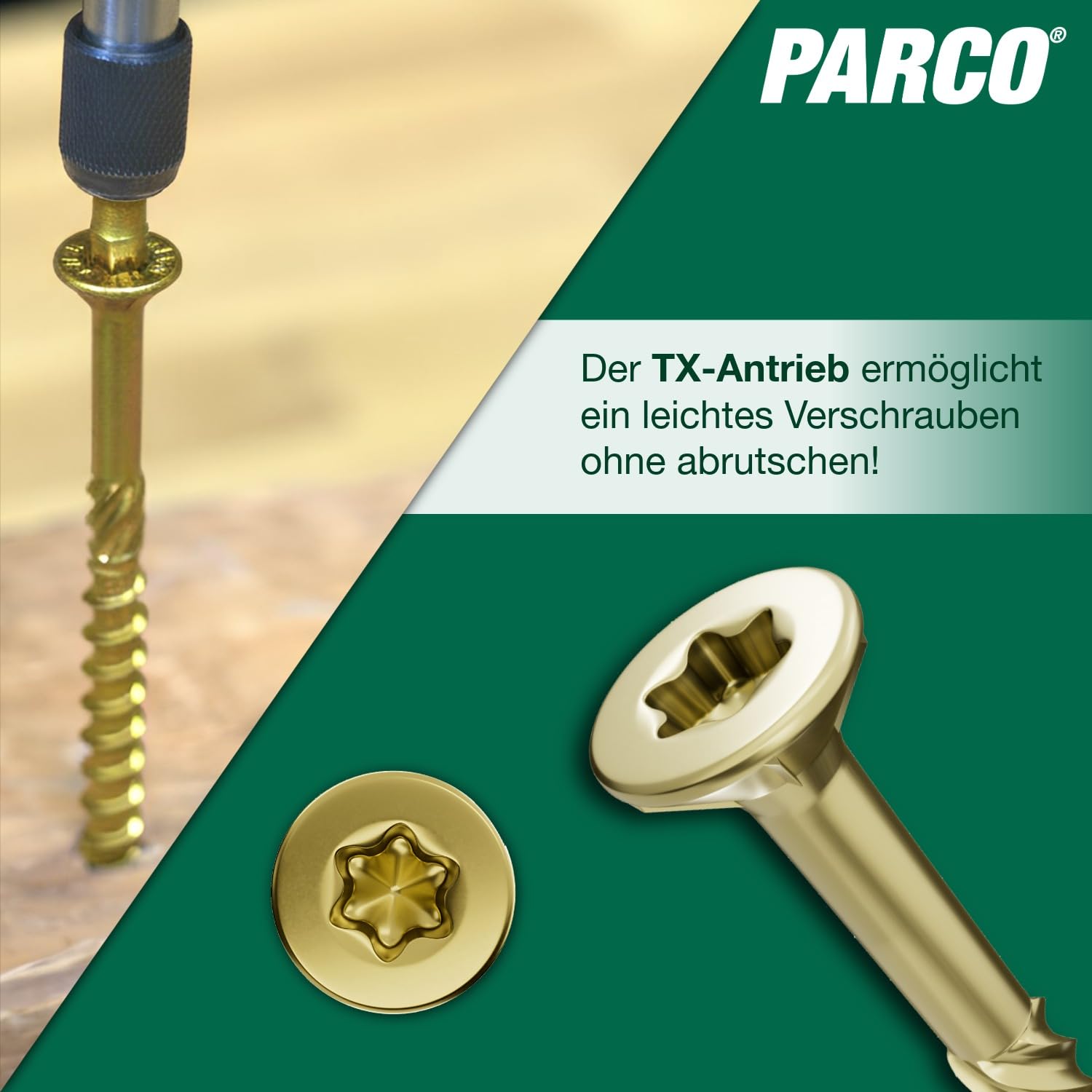 PARCO Holzbauschrauben mm verzinkt – 50 Stück Senkkopfschrauben mit ETA Zulassung – Konstruktionsschrauben für Holzbau, Zimmerei & DIY – Profi-Qualität mit TX40 Antrieb & CUT-Spitze (Gold, 8x140 mm) 4