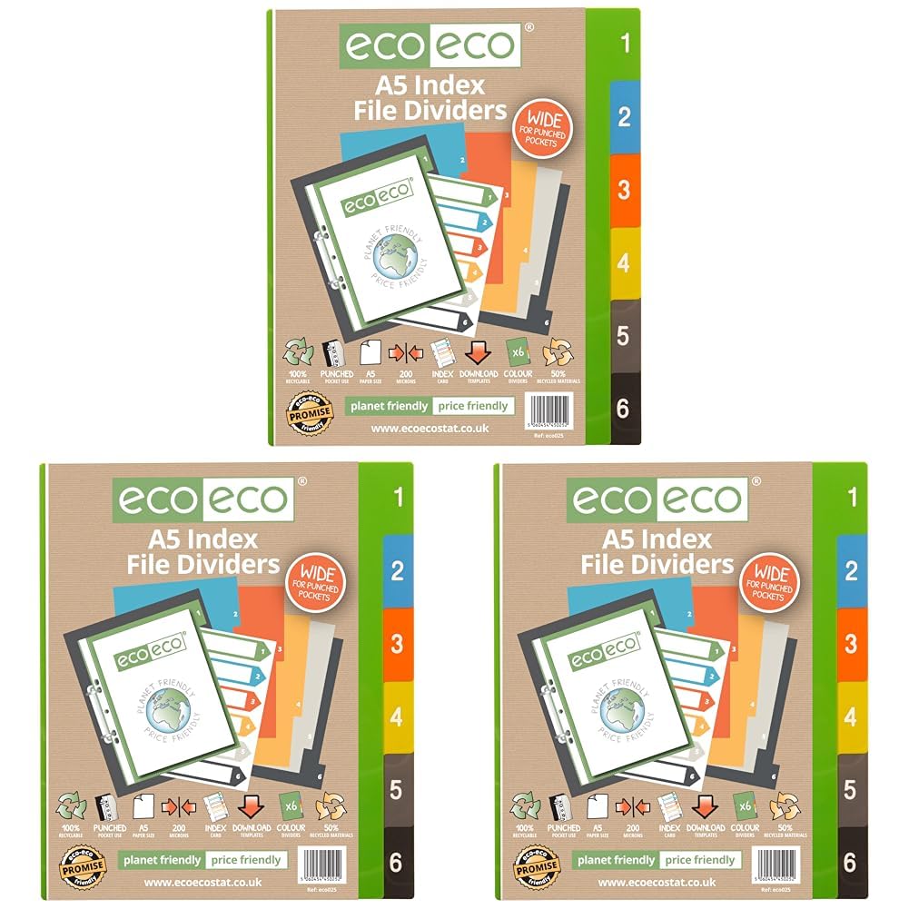 eco-eco A5 50% Recycled Set 6 Wide Index File Dividers eco025 Multicolour (Pack of 3)