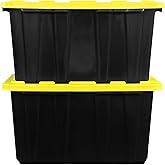STOWIX BLACK & YELLOW 27-Gallon Storage Bin with Snap-on Lid, Heavy Duty Plastic Storage Bins with Lid, Stackable, 2 Pack