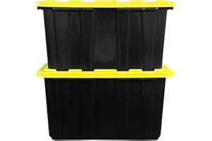 STOWIX BLACK & YELLOW 27-Gallon Storage Bin with Snap-on Lid, Heavy Duty Plastic Storage Bins with Lid, Stackable, 2 Pack