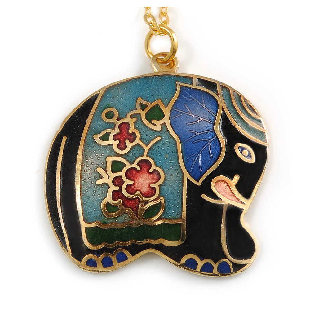 Avalaya Multicoloured Enamel Elephant Pendant with Gold Tone Chain - 44cm L/ 5cm Ext