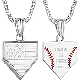 Baseball Home Plate Necklace for Men USA Flag Shield Pendant Stainless Steel Chain 22+2 inch Inspirational Bible Verse Baseball Gift Personalized Patriotic Jewelry for Men
