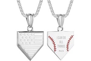 SUSOOK Baseball Home Plate Necklace for Men USA Flag Shield Pendant Stainless Steel Chain 22+2 inch Inspirational Bible Verse Baseball Gift Personalized Patriotic Jewelry for Boys