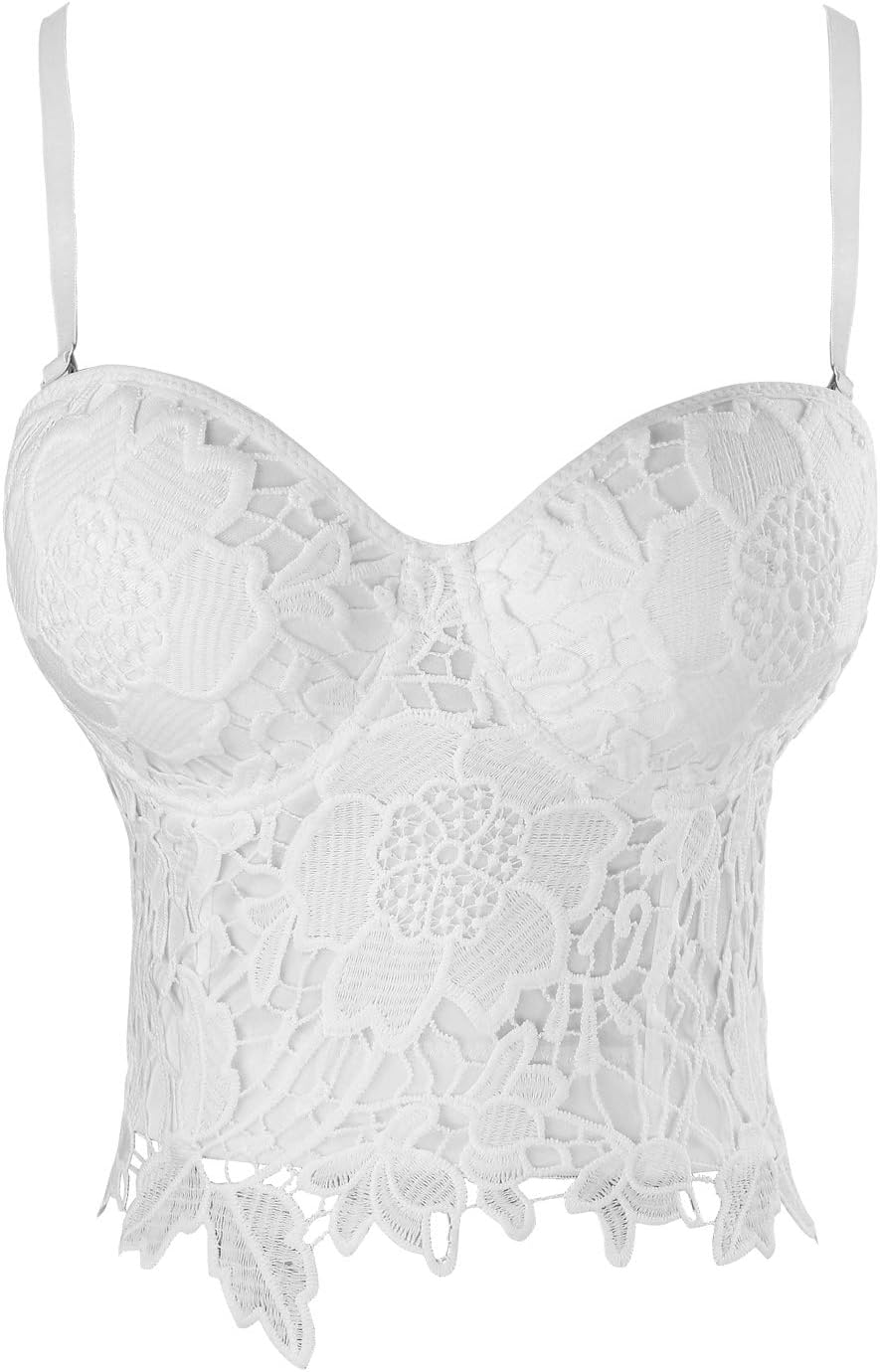 Charmian Women's B Cup Sexy Beauty Floral Lace Bustier Club Party Crop Top Bra