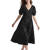 YESNO Summer Floral Midi Dresses for Women V Neck Puff Short Sleeve Frill Trim Dress with Pockets EVX