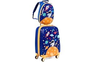 GYMAX 2Pc Kid Carry On Luggage Set, 12" & 18" Kids Suitcase with 4 Spinner Wheels, Travel Rolling Trolley (Astronaut)