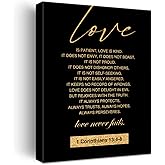 Christian Gold Foil Canvas Wall Art Motivational Love is Patient Love is Kind 1 Corinthians 13:4-8 Print Framed Canvas Painting Artwork Home Decor Wedding Gifts 12x15 Inch