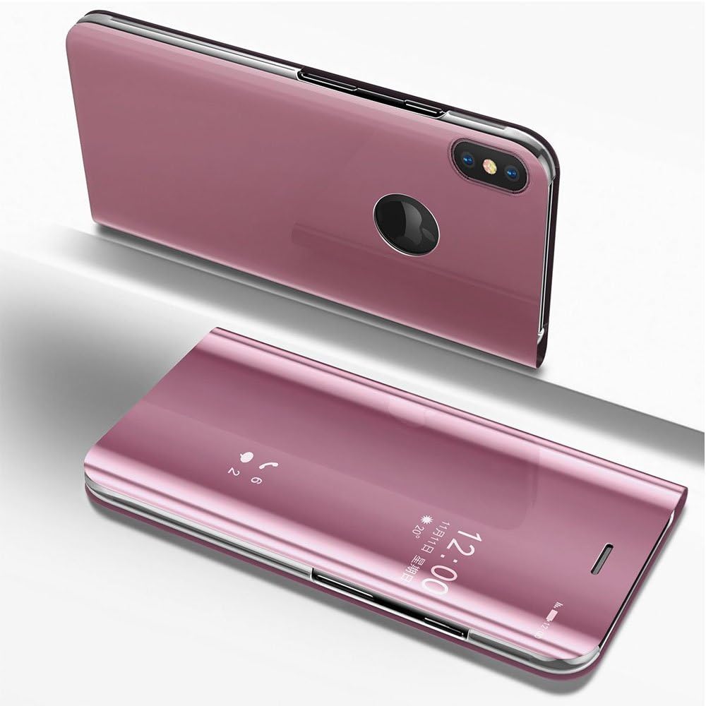LEMAXELERS iPhone X XS Case Luxury Mirror Makeup Case Plating PU Leather Flip Wallet Kickstand Feature Magnetic Closure Full Body Stand Cover Case for iPhone XS/X 5.8 Inch,Mirror PU:Rose Gold