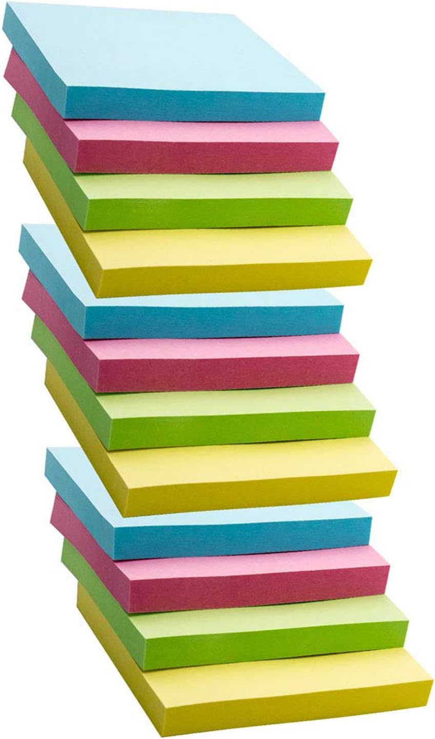 Super Sticky Notes, Self-Stick Notes, 100 Sheets/Pad, Sticky Notes 3x3 inch with Assorted Colors, Post Notes for Study, Works, Daily Life (12)