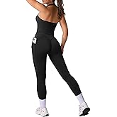 RXRXCOCO Open Back Workout Sets for Women 2 Piece Halter Tank Tops Hidden Scrunch Leggings Matching Set with Pockets
