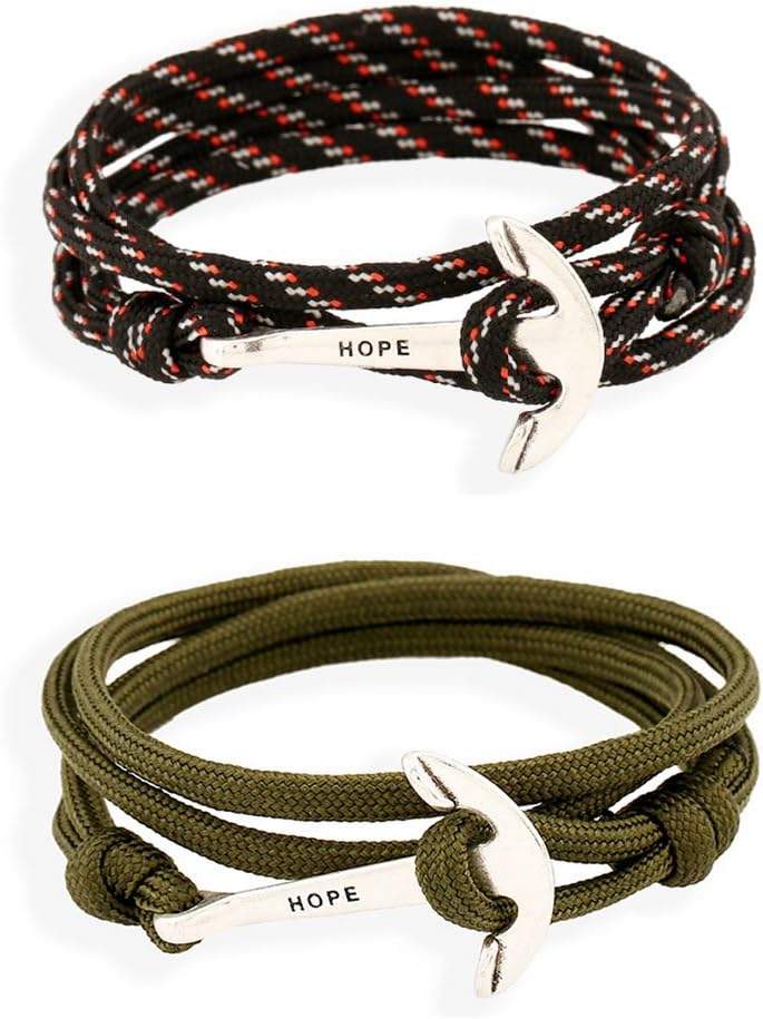 Anchor Hope Bracelet Unisex Wrap Bracelet Alloy Braided Nylon Rope 4-Strand Wristband Charm Bracelet, Black Green
