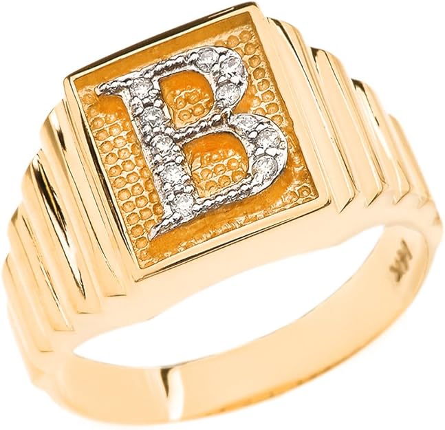 Men's 10k Yellow Gold Layered Band Square Face Diamond Initial Letter B