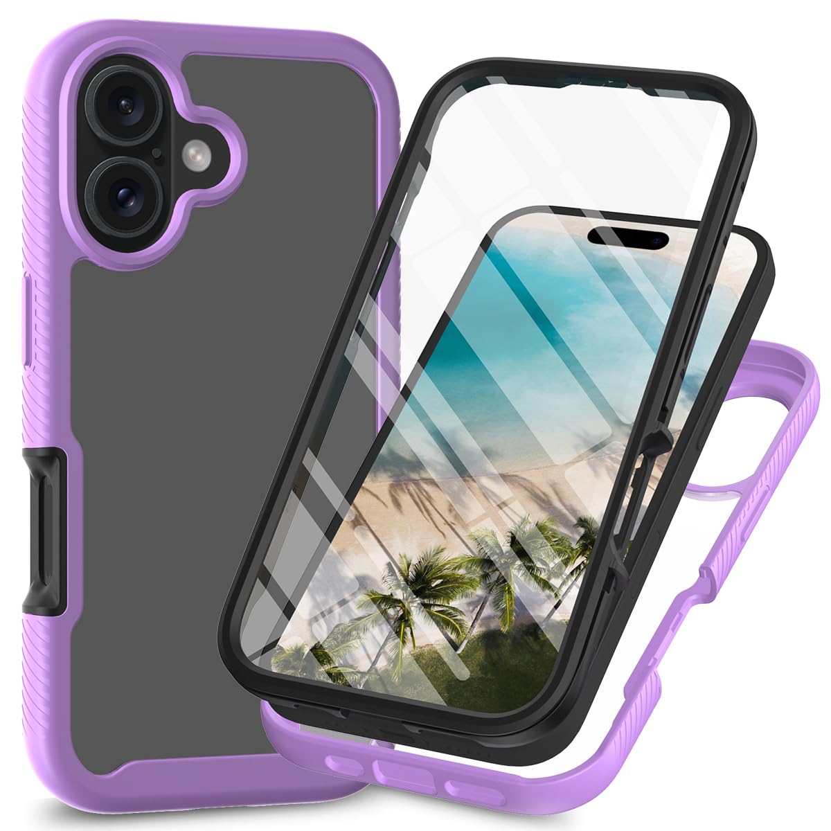 Sawiqpd for iPhone 16 Plus Case with Built-in Screen Protector, 360 Full Body Protective Cover Heavy Duty Anti-Scratch Shockproof Slim Bumper Clear Phone Case for iPhone 16 Plus 6.7-inch, Purple