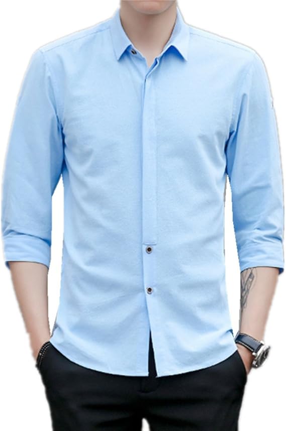 Amazon スリム 襟高 カジュアル 七分袖 五分袖 半袖 メンズ ワイシャツ ドレスシャツ オックスフォード 形態安定 Yシャツ 結婚式 ビジネス お兄系 通勤 カジュアルシャツ おしゃれ 大きいサイズ Xxl ブルー シャツ 通販