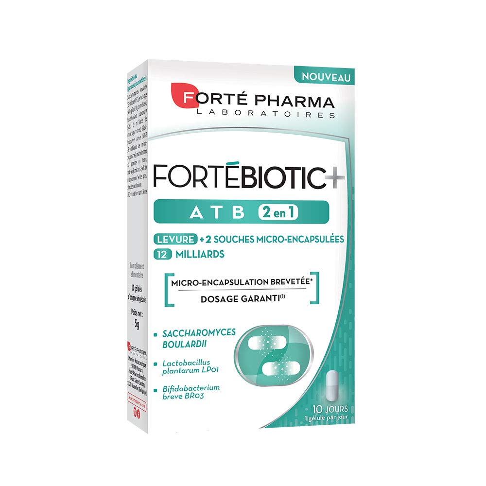 Forte Pharma FortéBiotic+ ATB | Food Supplement | Yeast + 2 Microbiotic Stems and 12 Billion UFC | 10 Capsules = 10 Days