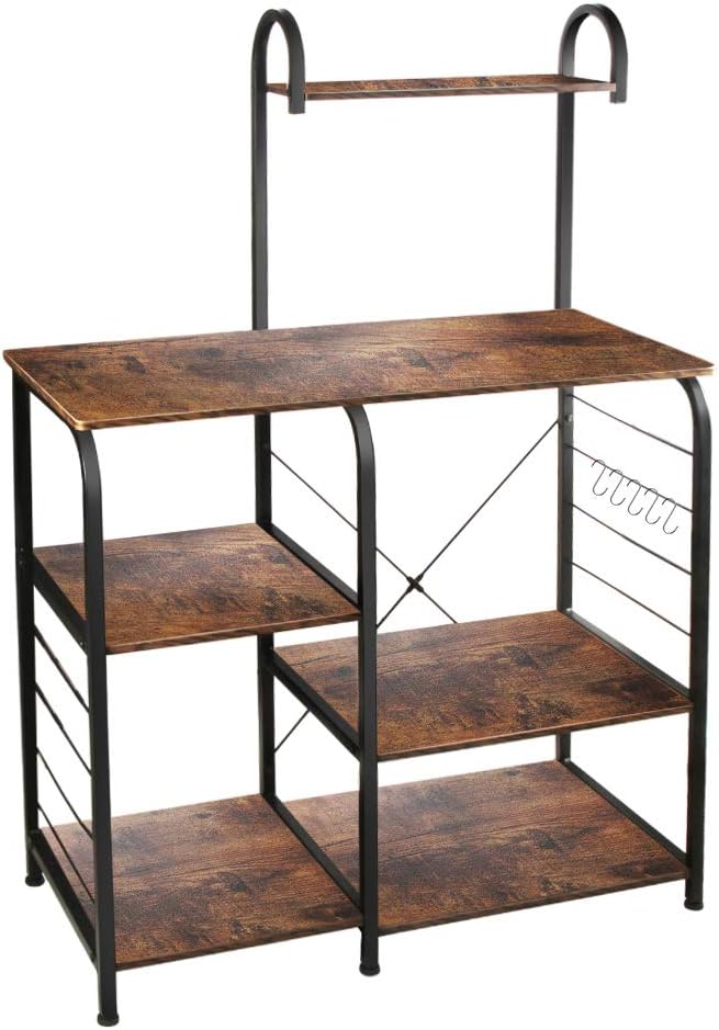 VANSPACE Indusrial Kitchen Baker's Rack Utility Storage Shelf Microwave Stand 4-Tier + 3-Tier Kitchen Storage Cart Table for Spice Rack Organizer Workstation with 5 Hooks - 35.5" Vintage Brown - Standing Baker's Racks
