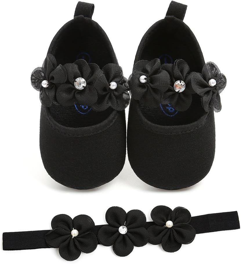Baby Girls Shoes with Headband Gift Set Toddler Girl Lovely Spring Flower Soft Sole Anti-Slip Sneakers Princess Shoes