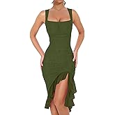 BORIFLORS Women's Sexy Ruched Bodycon Midi Dresses Square Neck Sleeveless Ruffle Hem Club Party Tank Dress