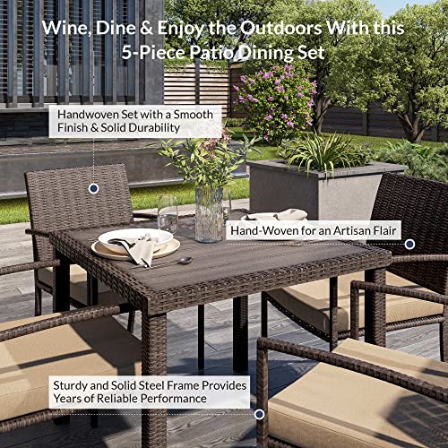 BELLEZE 5 Piece Rattan Patio Set, Slatted Wicker Dining Table and