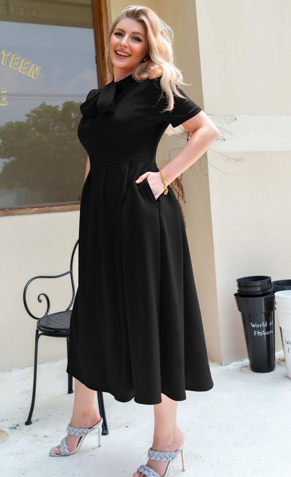 Memoriesea Women's Elegant Casual Short Sleeve Work Party A-Line Dress with Pockets