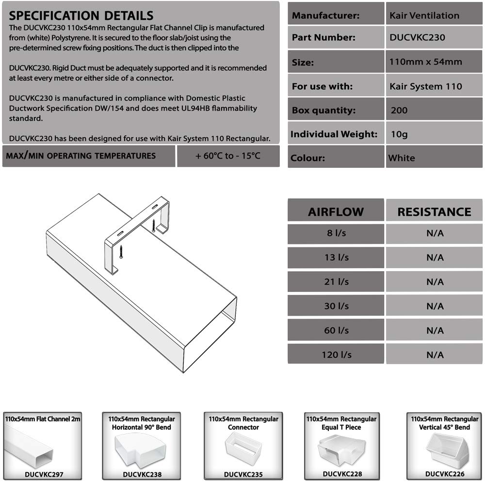 Kair Rectangular Ducting Retaining Clip 204mm x 60mm Support Bracket