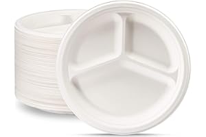 Gusto [9 Inch - 125 Count] 3 Compatment Compostable Heavy-Duty Plates Eco-Friendly Disposable Sugarcane Party Paper Plates - 