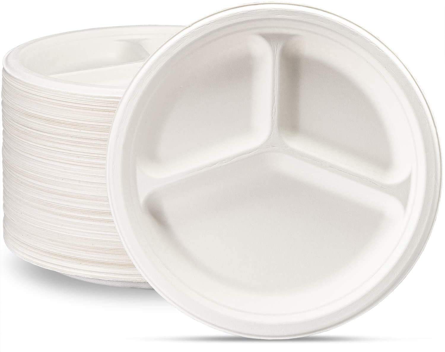 Comfy Package 100% Compostable 9 Inch Heavy-Duty Plates [125 Pack] 3 Compartment Eco-Friendly Disposable Sugarcane Paper Plates