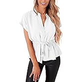 Womens Button Down Blouses Casual Peplum Summer Tops Dressy Chiffon Work Blouse White