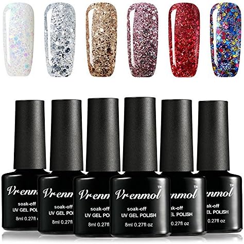 Vrenmol Diamond Gel Nail Polish Set 6pcs Soak Off UV LED Nail Lacquer Glitter Nail Art Manicure Kit 8ml