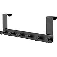 Towel Rack Robe Hangers with 6 Strong Rounded Hook for Bathroom Door, Behind Door Modern Coat Rack for Hanging Backpack Purse Clothes, Back of Door Hooks, Sturdy Metal Black Matte Over the Door Hooks