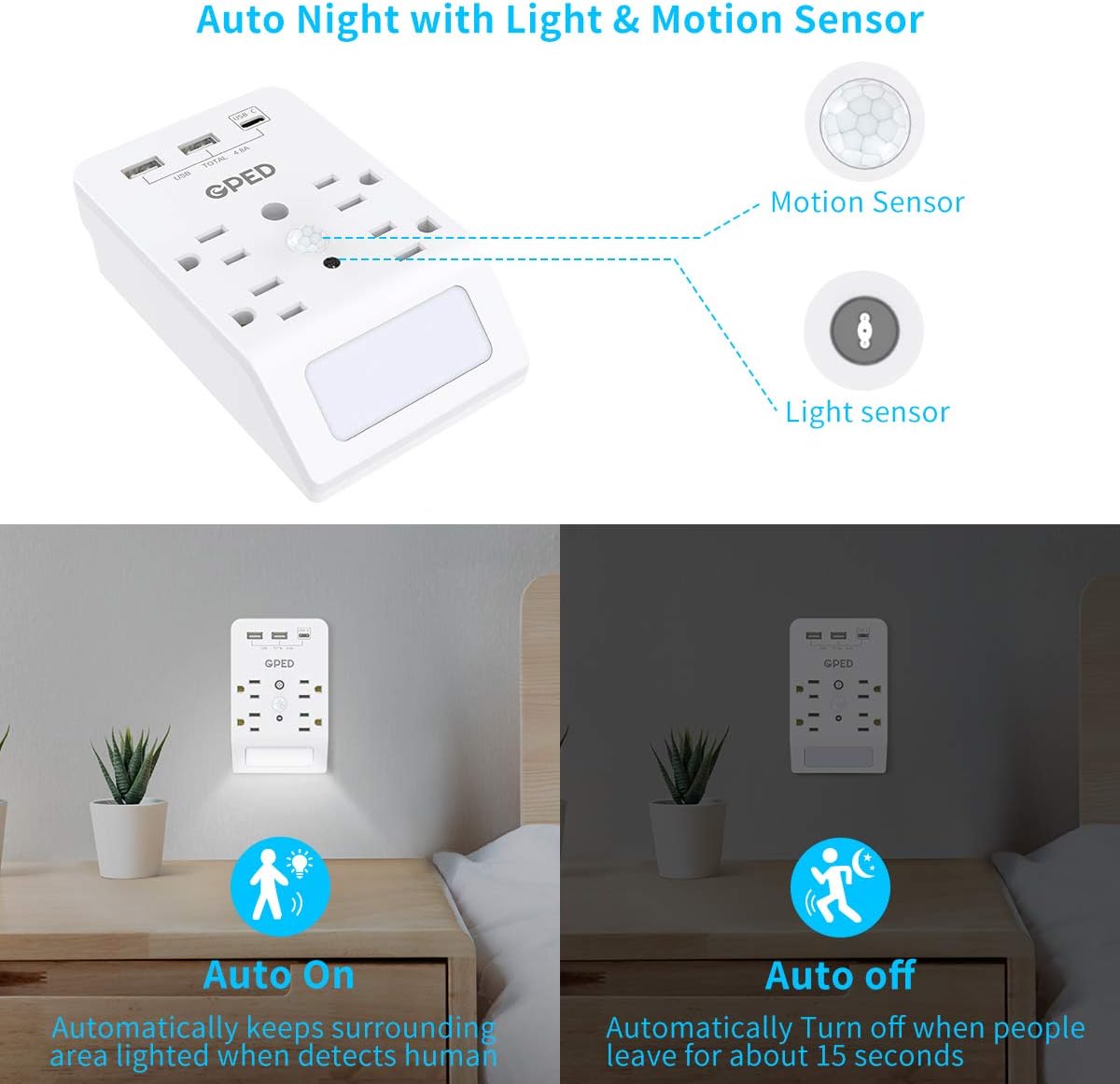 USB Wall Outlet, Surge Protector, Plug-in Night Light with 2 USB & 1 Type-C 4.8A Ports 4 Outlet, Intelligent Nightlight with Motion & Light Sensor, ETL Listed, Suitable for Living Room,Kitchen: Home Audio & Theater
