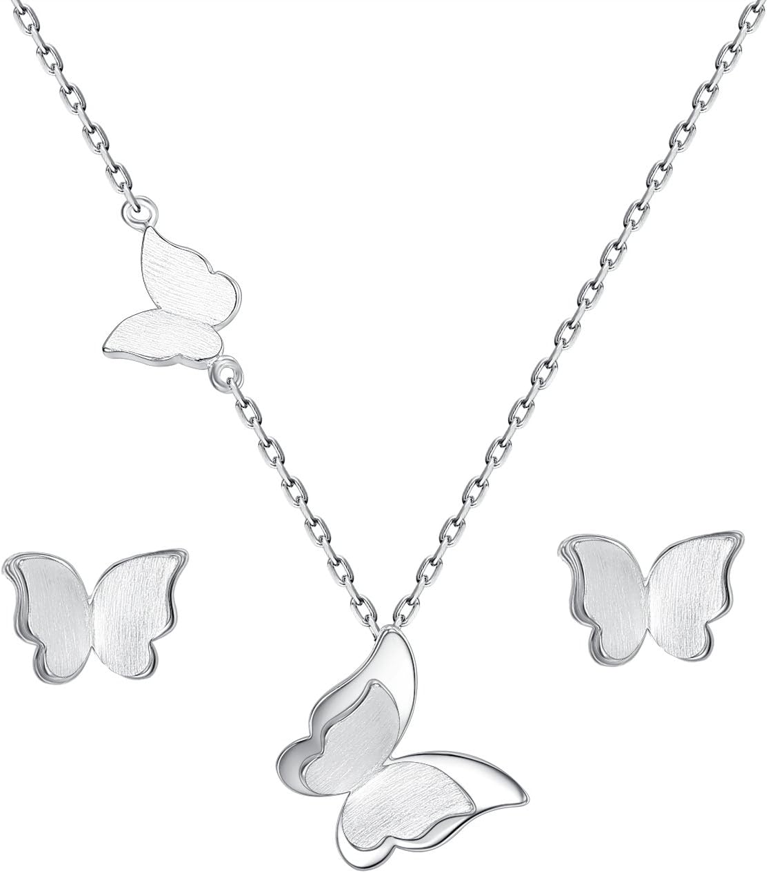 Women's 925 Sterling Silver Party Elegant Butterfly Pendant Necklace Stud Earrings Set