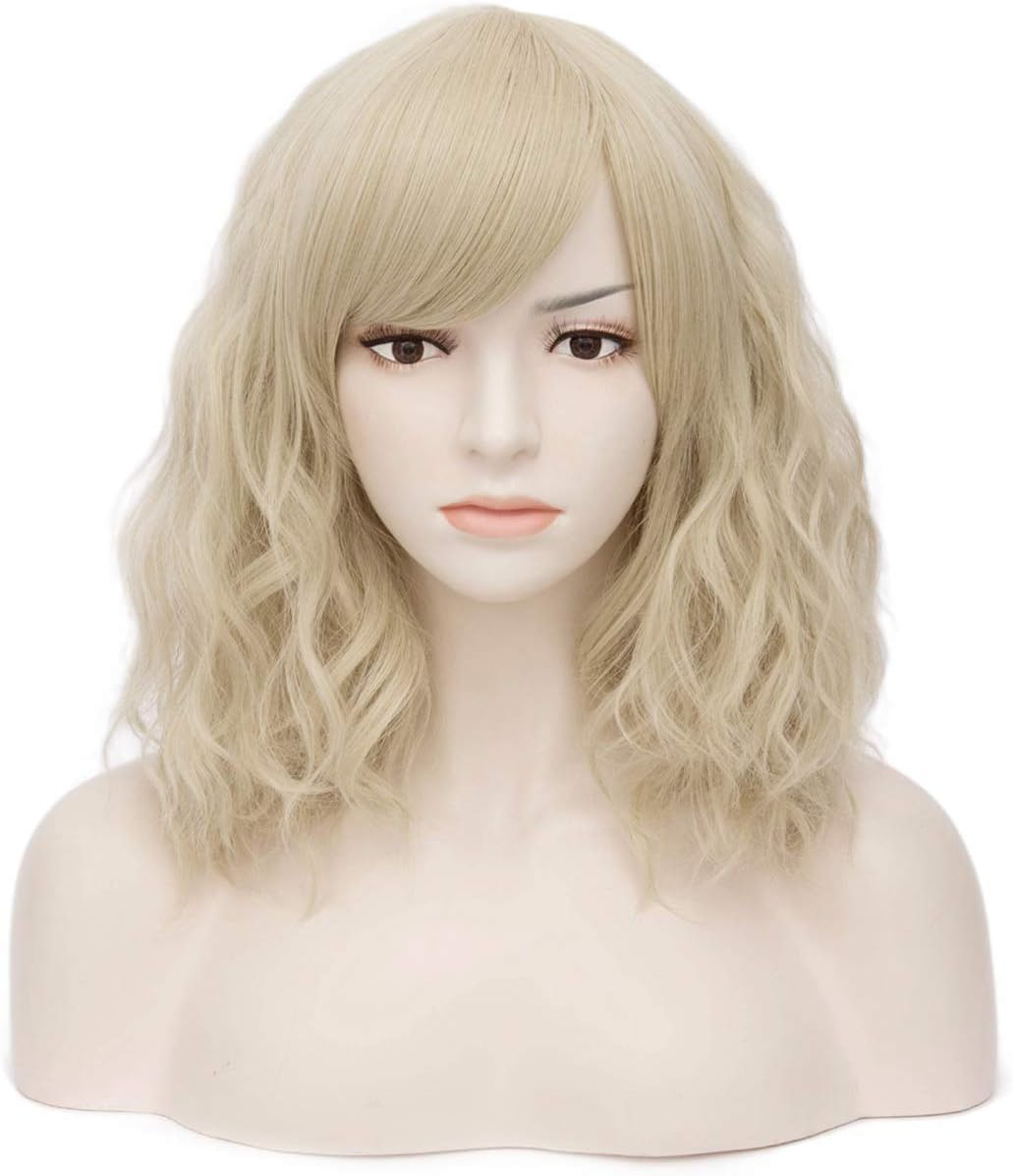FiveFour Blonde Short Curly Fancy Dress Short Curly Cosplay Wigs for Women and Girl Synthetic Wig with Wig Cap