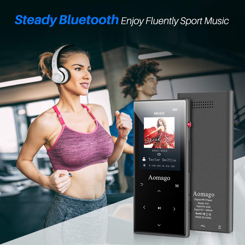 Aomago Music MP3 Player Bluetooth with Speaker - 2 in 1 Lossless Music Player with 2.4\'\' Screen Voice Recorder FM Radio Compact Touch Botton Digital MP3 Player Portable Pedometer, Support up to 128GB