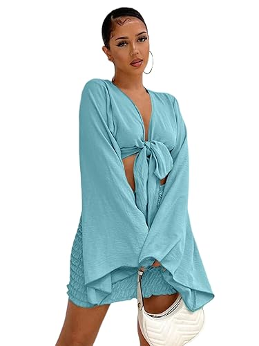 LYANER Women's Piece Outfits Tie Knot Front Bell Long Sleeve