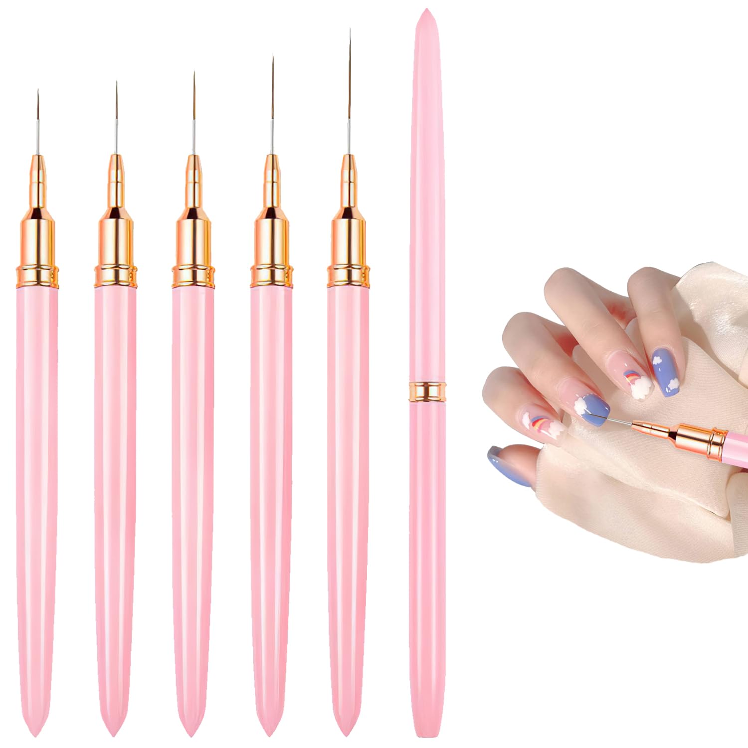 5 Pcs Nail Art Brushes, Miniature Nail Brush for Nail Art DIY & Professional Nail Art Brush with Lid Pink Fine Nail Art Brush for DIY Nail Art (5mm/8mm/12mm/20mm/25mm)