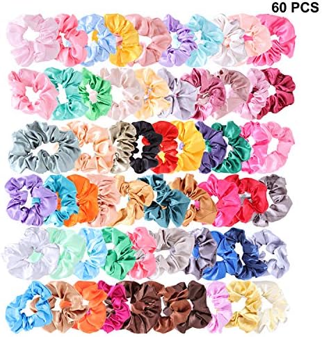 Giveme5 60PCS Women Girl Hair Scrunchies, Silk Satin Elastic Hair Bands Bobbles Solid Colors Hair Scrunchy Ties for Ponytail Holder Hair Accessories Ropes Scrunchies (60PCS)